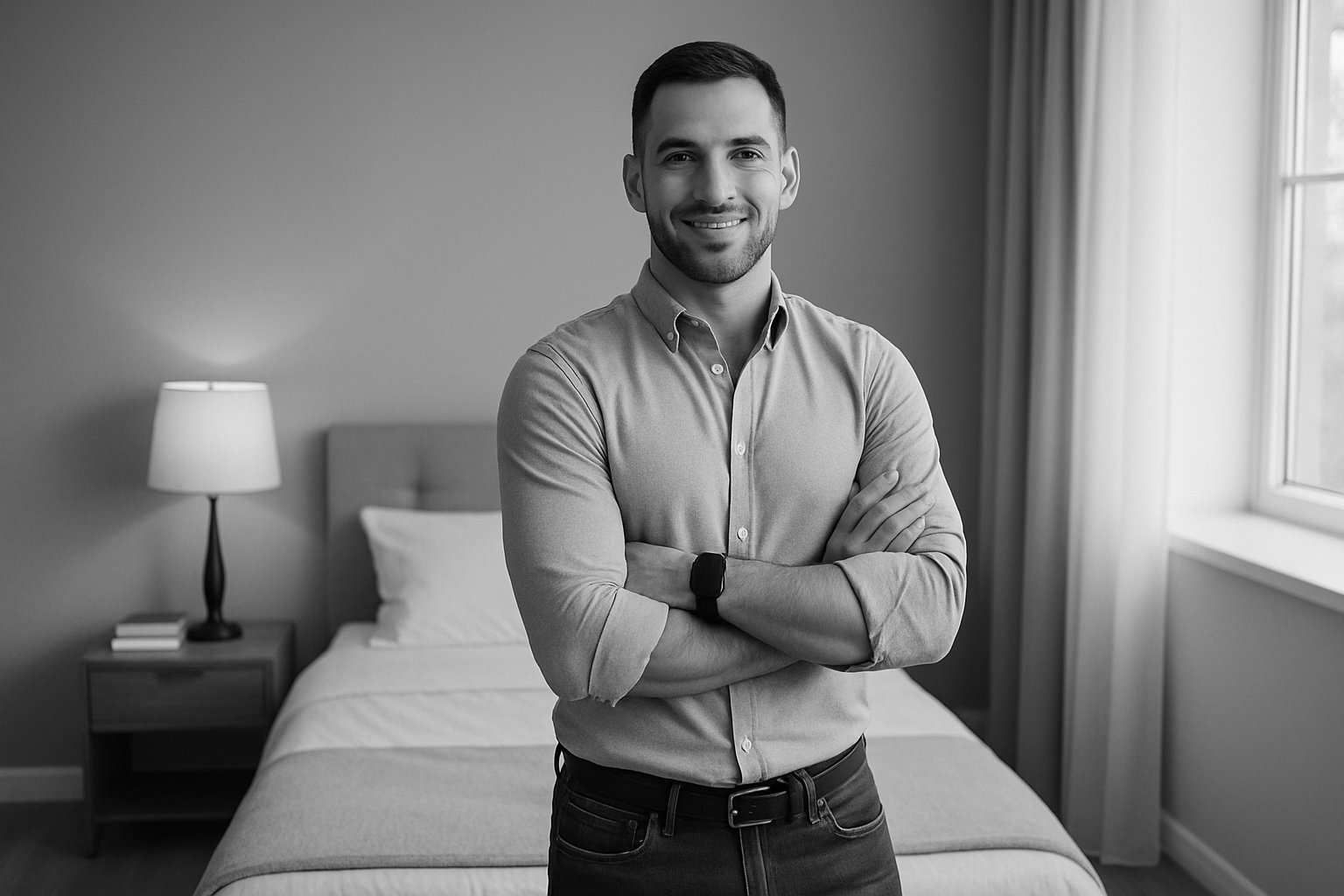 cedric-contact-banner-light-bw Portrait en noir et blanc d’un homme souriant dans une chambre moderne — image représentative de Cédric, coach et auteur du blog homme-idéal.com